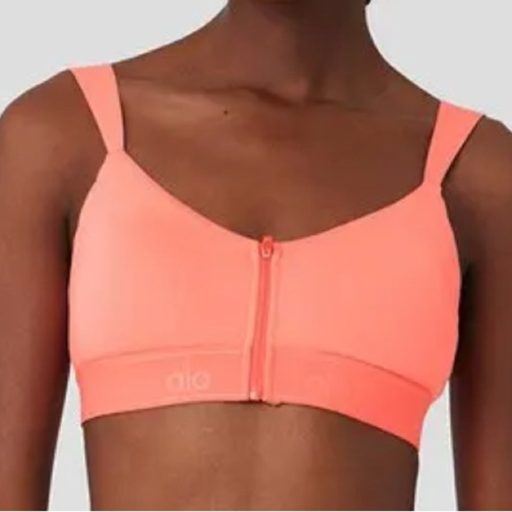 ALO Yoga Candy Orange Sports Bra with Front-Zip and Scoop Neck